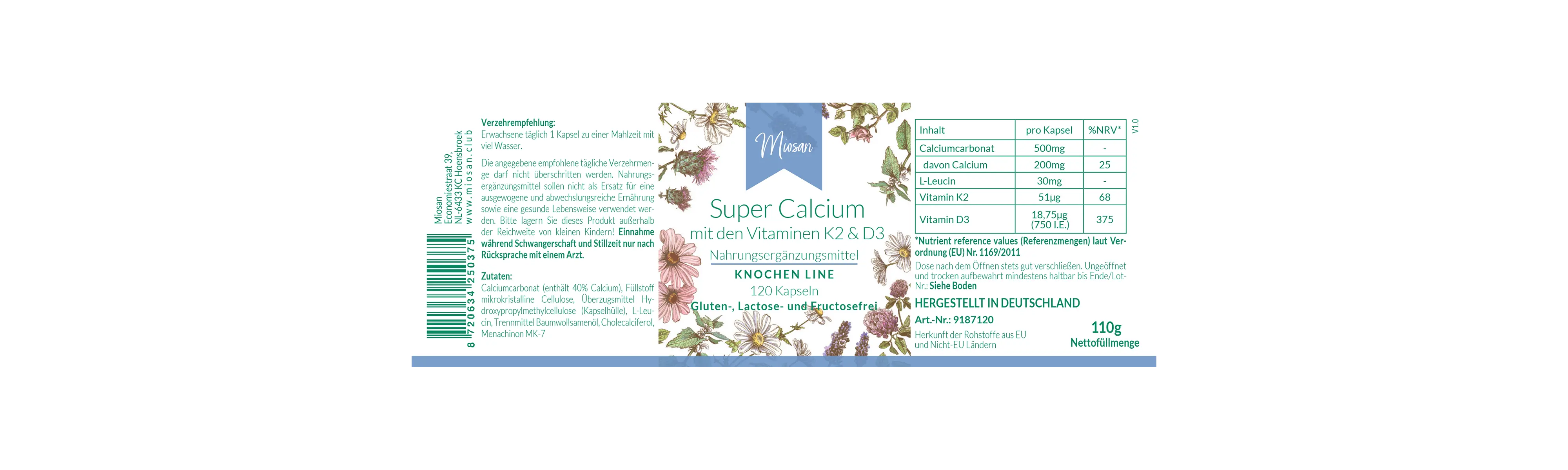 Super Calcium mit Vitaminen K2 & D3- 120 Kapseln